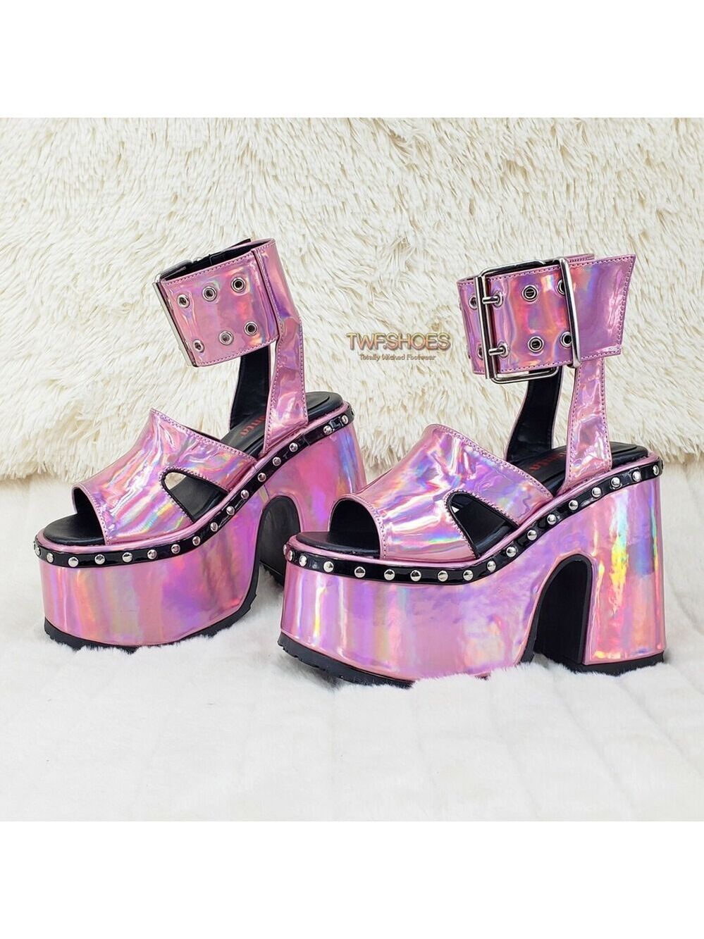 NIB DEMONIA Camel 102 Stacked Pink Hologram Platform Sandals Goth Punk